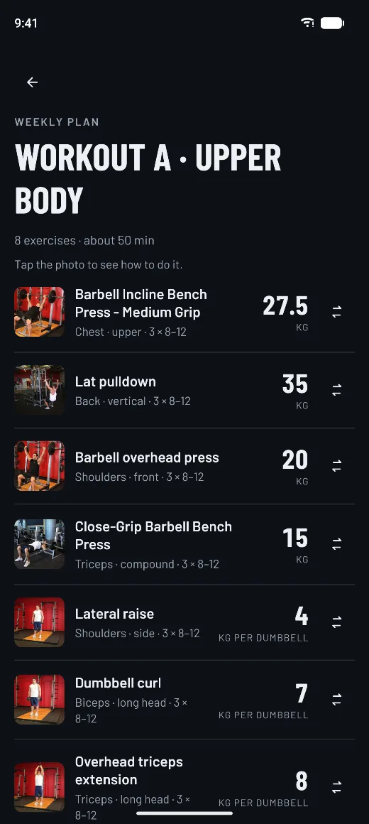 FitGymBetter weekly plan screen