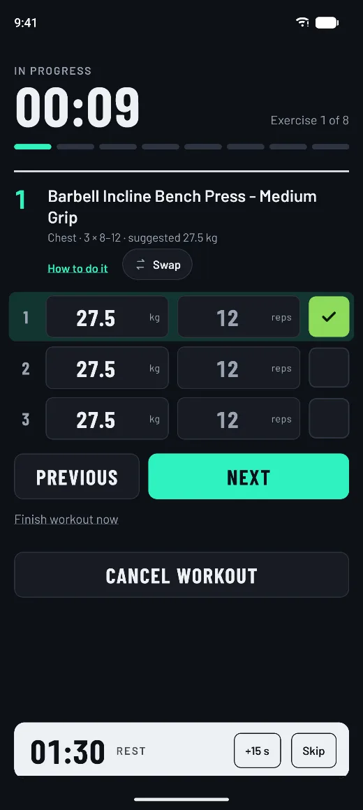 FitGymBetter workout in progress screen